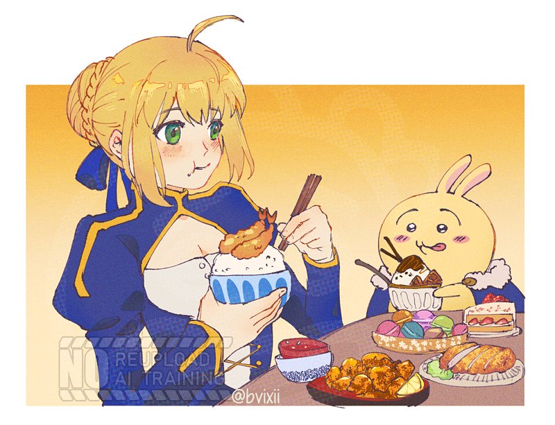 1girl, 1other, ahoge, animal_ears, artist_name, artoria_pendragon_(fate), black_eyes, blonde_hair