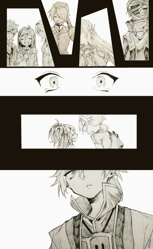 4boys, 4girls, alicia_quixano_(grimms_notes), armor, bandaged_head, bandages, closed_eyes, commentary_request