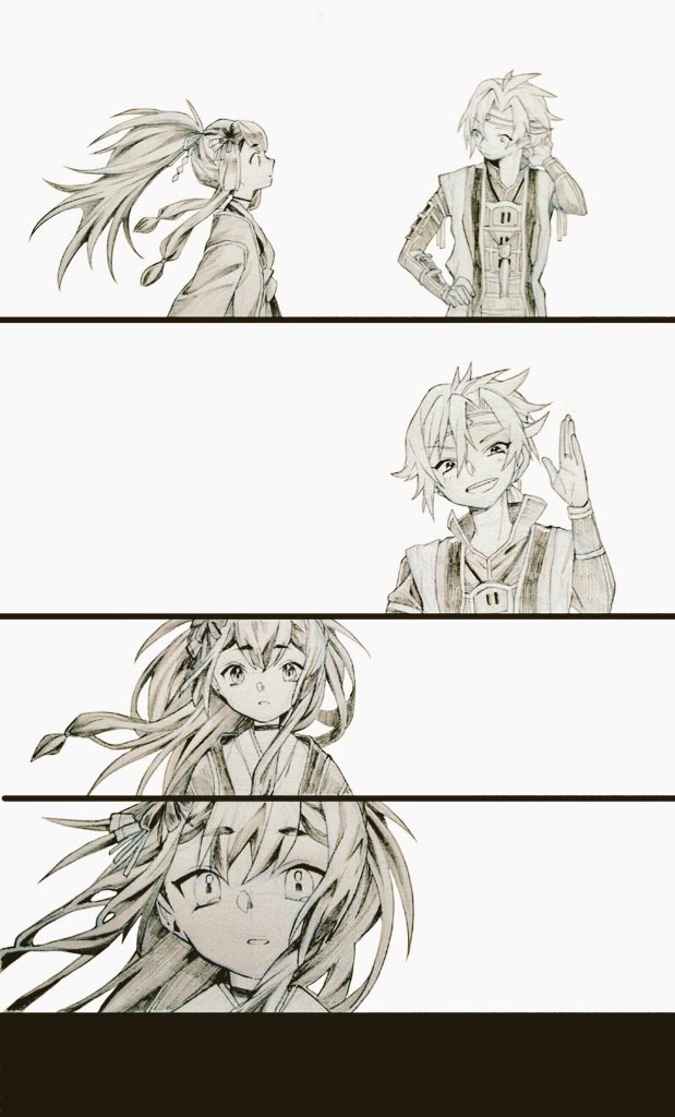 1boy, 1girl, armor, closed_mouth, commentary_request, grimms_notes, hair_ornament, hand_up