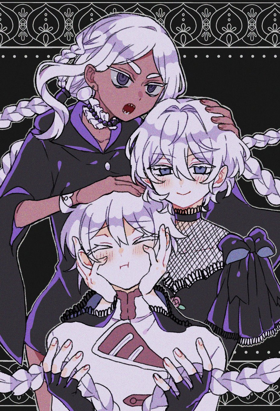 3girls, aruedosuki, bead_choker, beads, black_background, black_choker, black_dress, blue_eyes
