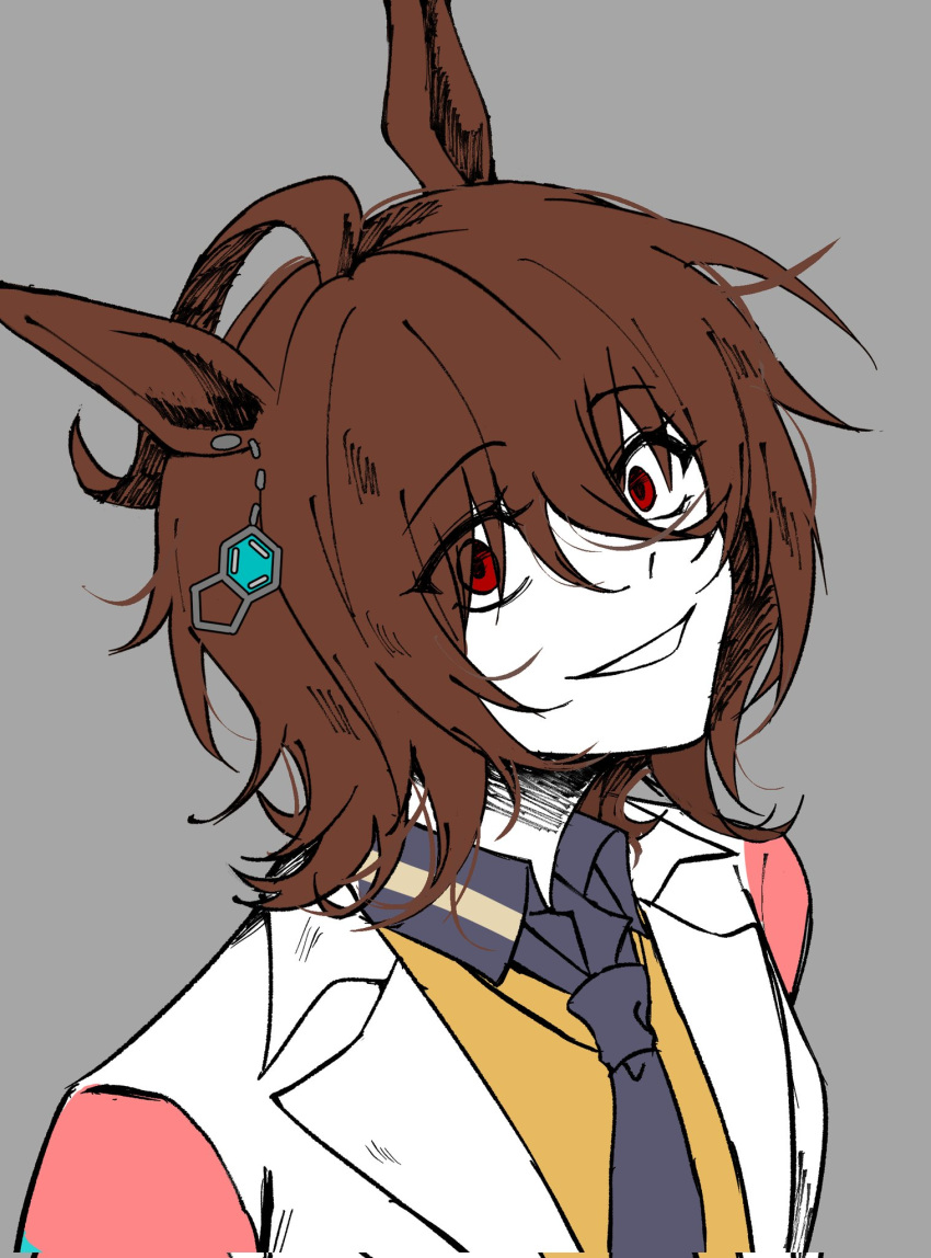1girl, agnes_tachyon_(tach-nology)_(umamusume), agnes_tachyon_(umamusume), ahoge, animal_ears, black_necktie, chemical_structure, coat