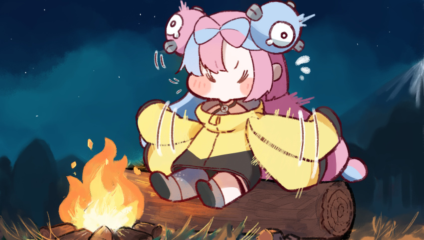 >_<, 1girl, afterimage, blush_stickers, campfire, character_hair_ornament, chibi, chibi_only