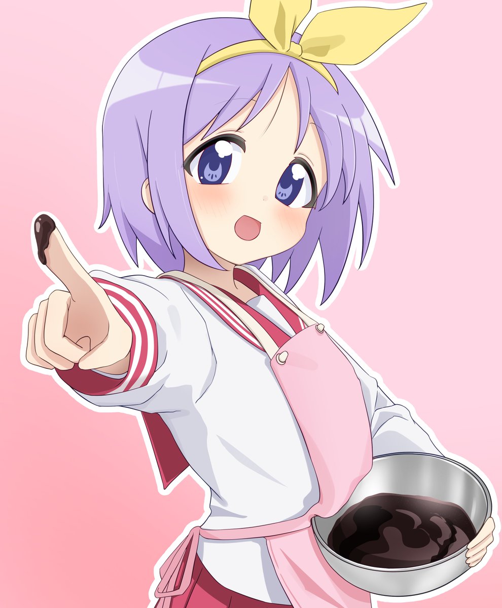 1girl, :d, apron, blush, bowl, chocolate, commentary_request, hair_ribbon