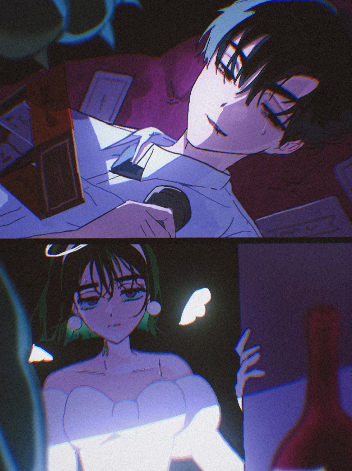 1boy, 1girl, alien_stage, black_hair, bottle, card, collared_shirt, commentary