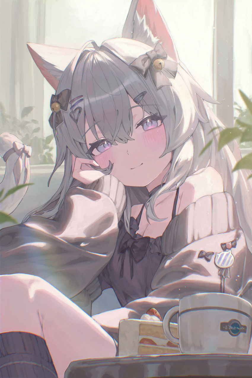 1girl, absurdres, animal_ear_fluff, animal_ears, arm_warmers, bare_shoulders, bell, black_bow
