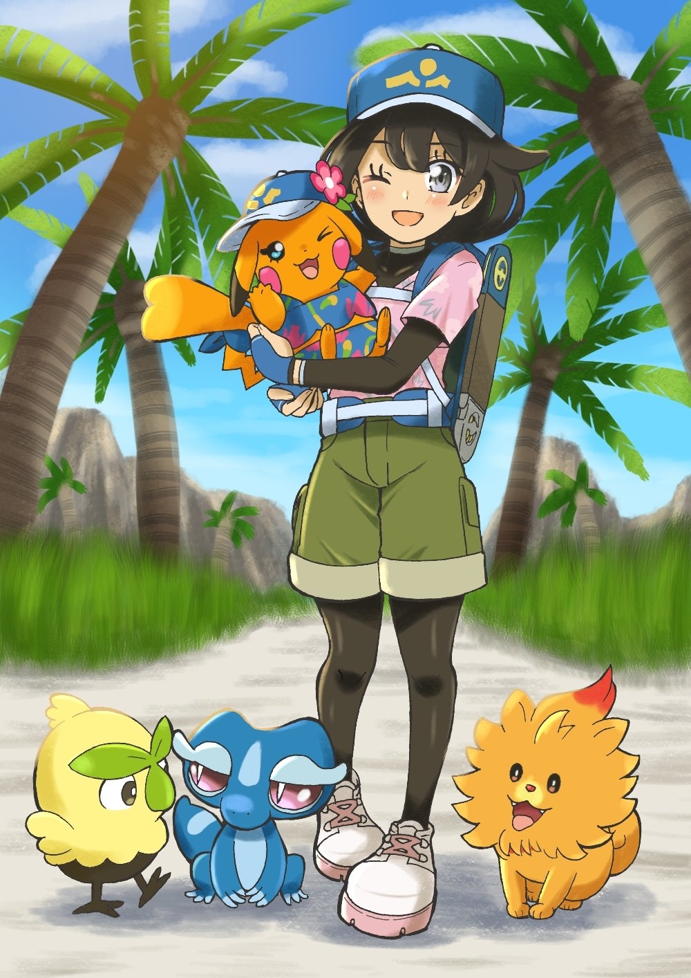 1girl, backpack, bag, black_bodysuit, black_hair, blue_bag, blue_gloves, blue_hat, blush, bodysuit, bodysuit_under_clothes, browt, clothed_pokemon, commentary_request, emapippi, fangs, feathers, female_protagonist_(pokemon_ww), fingerless_gloves, floral_print, floral_print_shirt, flower, gecqua, gloves, green_shorts, grey_eyes, hat, hat_flower, highres, holding, holding_pokemon, layered_sleeves, long_sleeves, looking_at_viewer, ms._wavychu, one_eye_closed, open_mouth, orange_fur, pikachu, pink_shirt, pokemon, pokemon_(creature), pokemon_ww, pombon, shirt, short_hair, short_over_long_sleeves, short_sleeves, shorts, skirt, smile, starter_pokemon_trio, tail, tongue, tongue_out, yellow_feathers