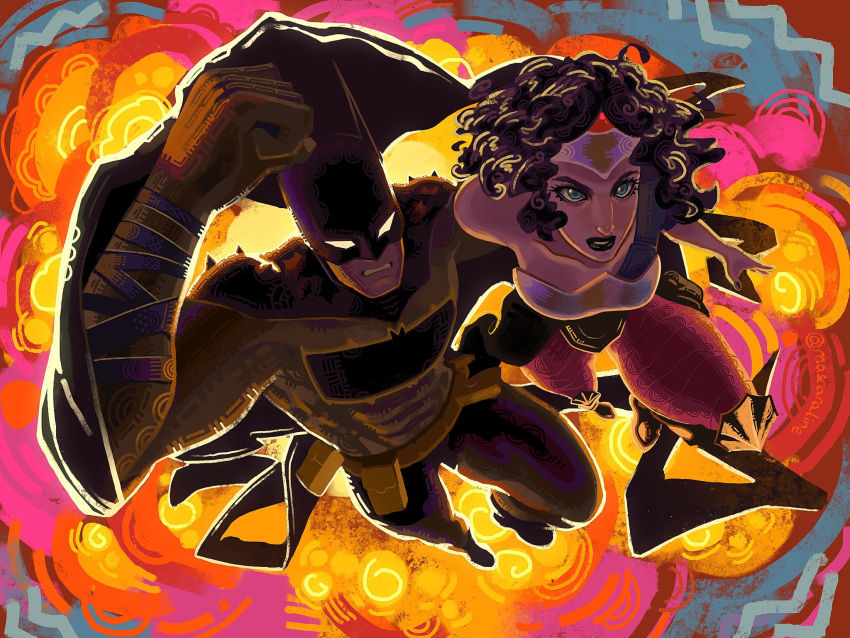 1boy, 1girl, absolute_batman, absolute_dc, absolute_wonder_woman, back_spikes, bat_mask, batman