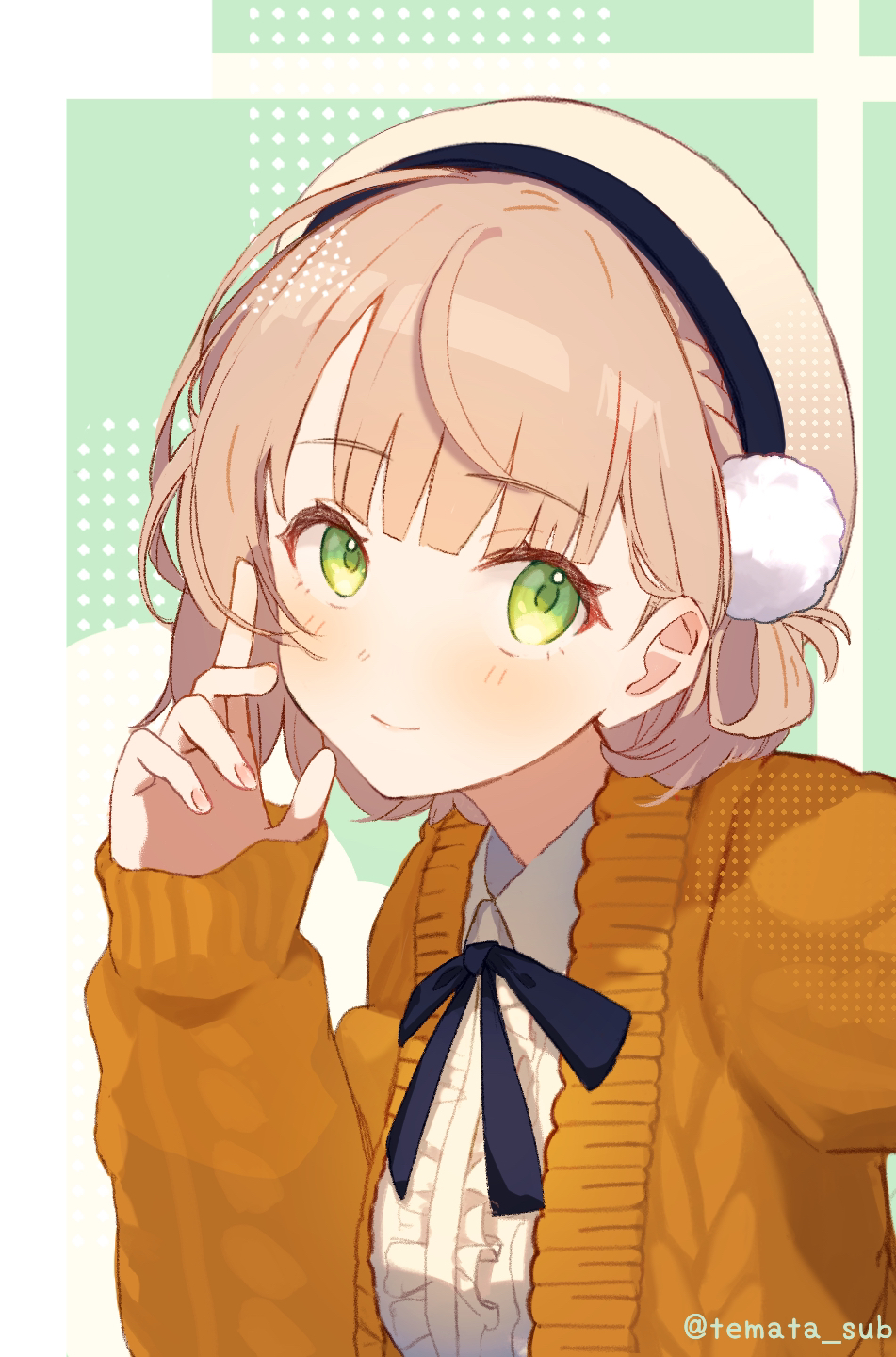 1girl, aran_sweater, beret, black_bow, black_bowtie, bow, bowtie, braid, brown_hair, cable_knit, center_frills, closed_mouth, commentary_request, fingernails, french_girly, frilled_shirt, frills, green_background, green_eyes, hair_ornament, hair_rings, hand_up, hat, highres, indie_virtual_youtuber, light_blush, looking_at_viewer, official_alternate_costume, pom_pom_(clothes), pom_pom_hair_ornament, raised_eyebrows, shigure_ui_(casual)_(vtuber), shigure_ui_(vtuber), shirt, short_hair, side_braid, side_up_ring, smile, solo, sweater, temata_saburou, twitter_username, upper_body, virtual_youtuber, white_hat, white_shirt, yellow_sweater
