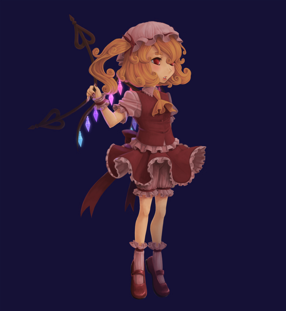 ascot, blonde_hair, bloomers, bow, curly_hair, flandre_scarlet, footwear, hat, hat_bow, laevatein, lips, mary_janes, raming_(0raming0), red_eyes, shoes, short_hair, side_ponytail, simple_background, socks, solo, the_embodiment_of_scarlet_devil, touhou, white_legwear, wings, wrist_cuffs