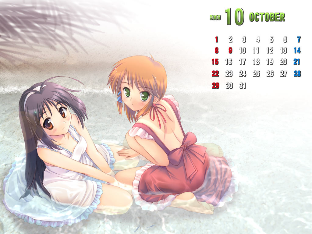 2006, 2girls, antenna_hair, back_bow, backless_dress, backless_outfit, barefoot, beach