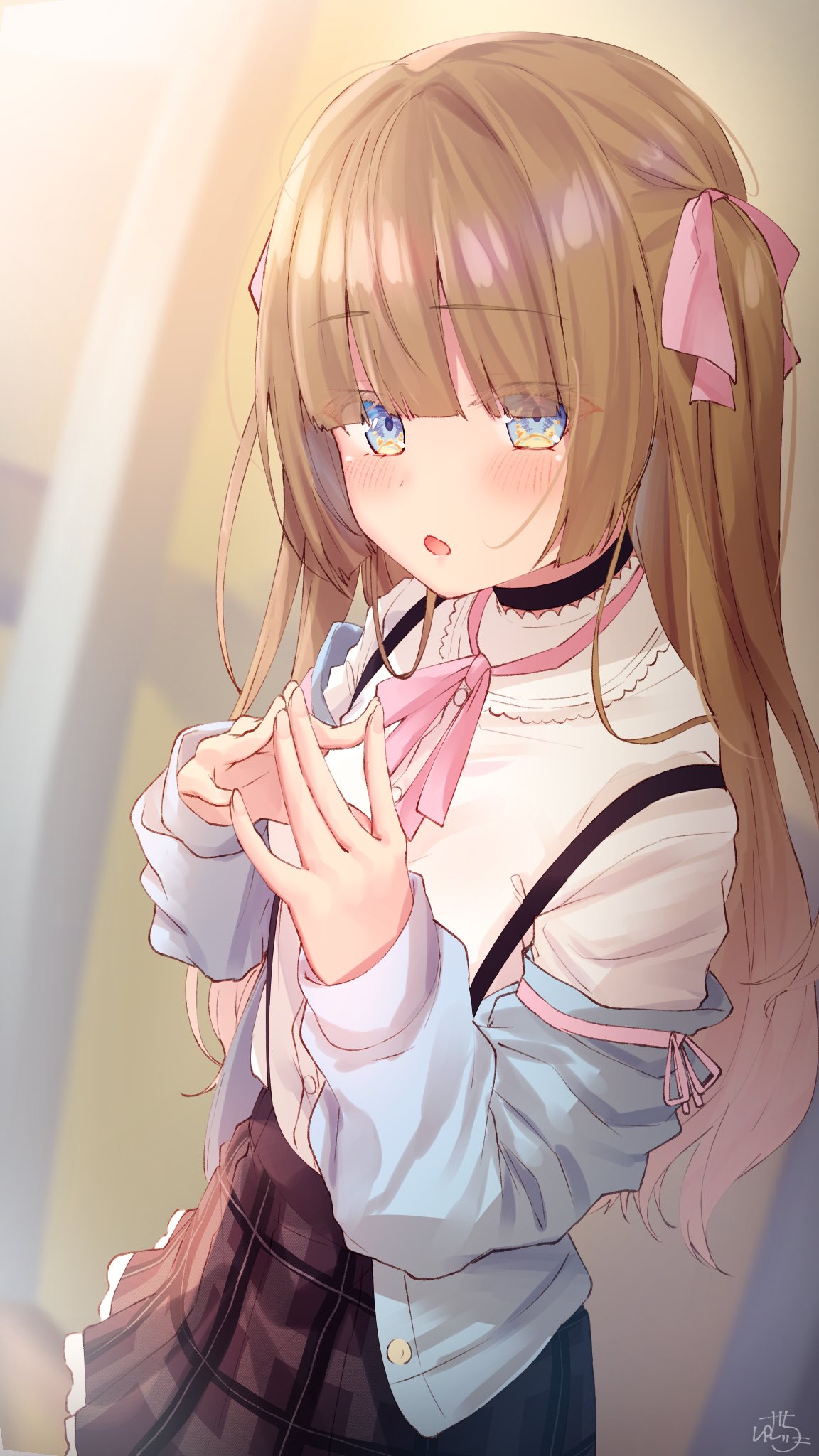 1girl, black_choker, blue_eyes, blue_jacket, blush, brown_hair, brown_skirt, choker
