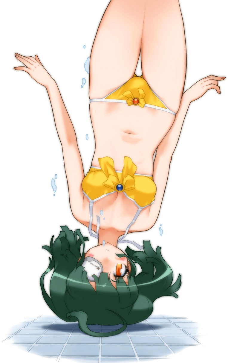 green_hair, headstand, highres, konami, official_art, orange_eyes, otomedius, solo