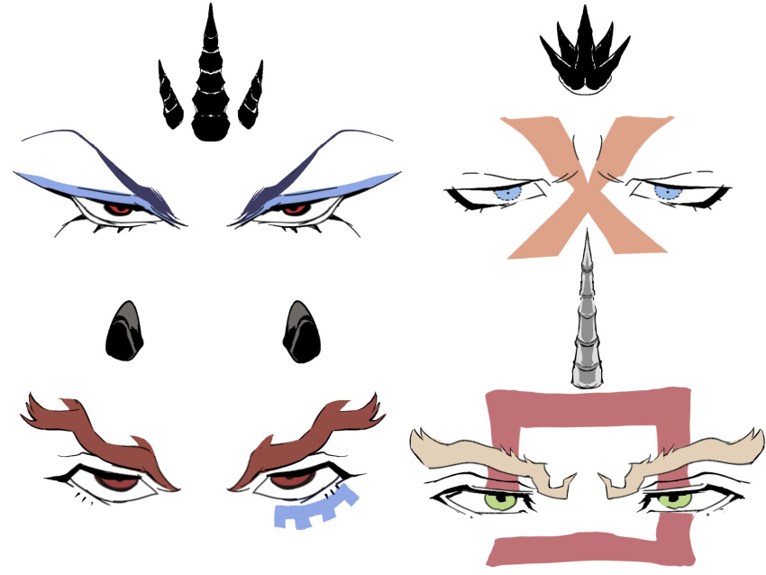 4boys, battle_tendency, black_horns, blue_eyes, blue_pupils, brown_eyes, commentary_request, d224356393115, esidisi, eye_focus, facepaint, forked_eyebrows, furrowed_brow, green_eyes, highres, horns, jojo_no_kimyou_na_bouken, kars_(jojo), makeup, mascara, multiple_boys, no_eyebrows, red_eyes, santana_(jojo), single_horn, square, thick_eyebrows, v-shaped_eyebrows, wamuu, white_background, x_(symbol)