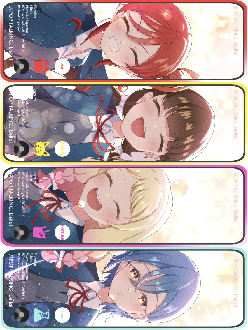 4girls, :d, ^_^, blonde_hair, blue_jacket, bow, braid, brown_hair