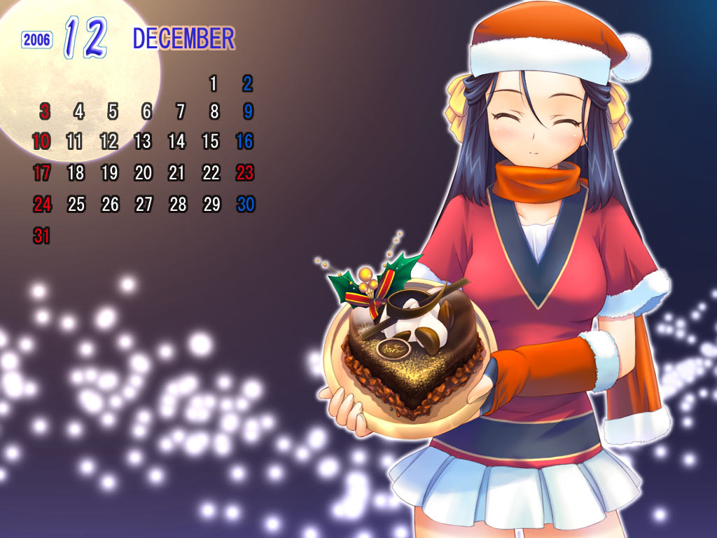 1girl, 2006, ^_^, black_gloves, black_hair, bow, cake, calendar_(medium)