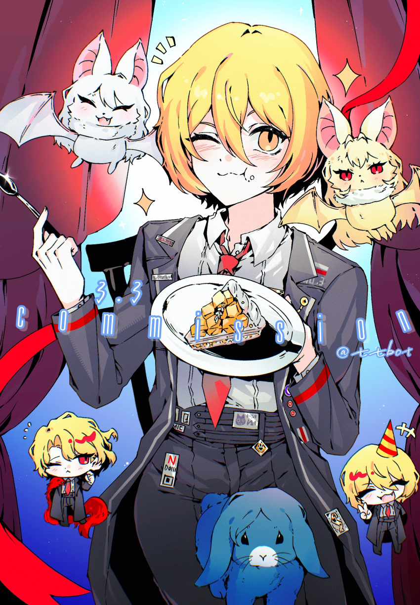 1girl, :<, animal, animalization, badge, bari_(project_moon), bat_(animal), black_coat