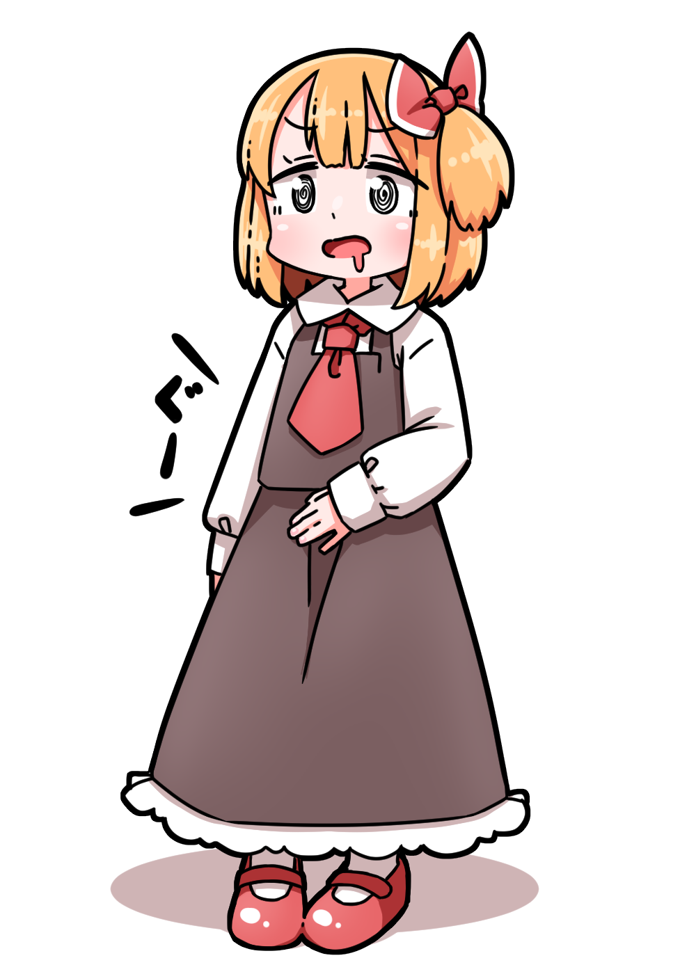 1girl, @_@, ascot, black_skirt, black_vest, blonde_hair, bow, collared_shirt