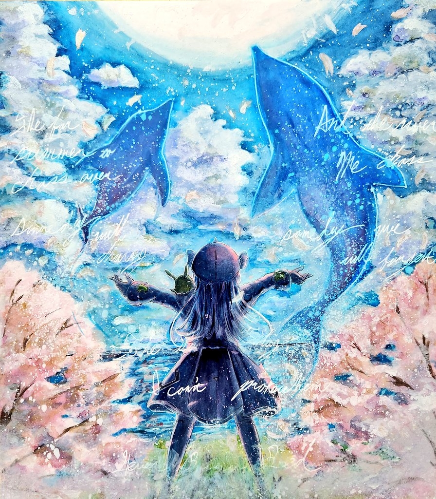 1girl, anglerfish_costume, blue_sky, cherry_blossoms, clouds, commentary_request, day, dolphin