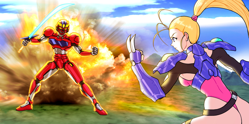 1boy, 1girl, armor, ass, battle, blonde_hair, blue_eyes, breastplate