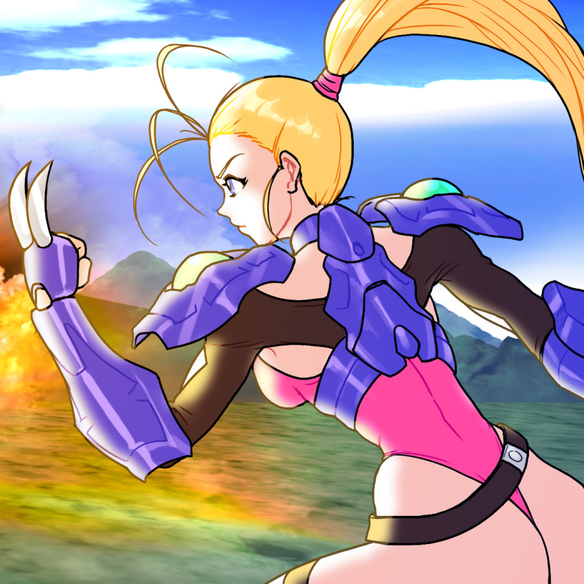 1girl, armor, ass, blonde_hair, blue_eyes, character_request, claw_(weapon), claws
