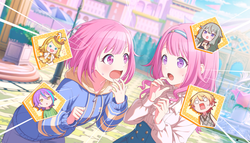 2boys, 4girls, :d, :o, aqua_eyes, aqua_streaks, asymmetrical_sidelocks, black_trim