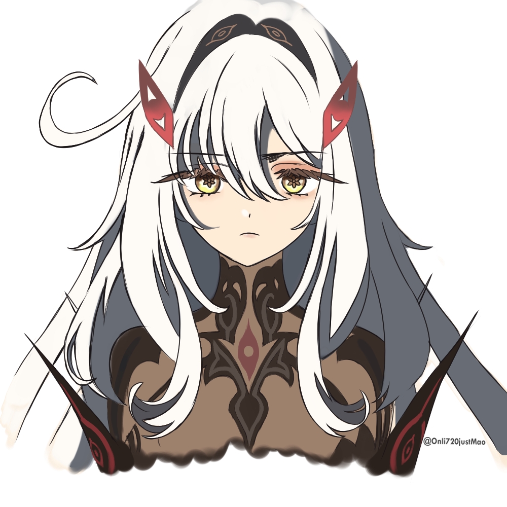 1girl, closed_mouth, commentary, cropped_torso, eye_hair_ornament, flower-shaped_pupils, genshin_impact, hair_between_eyes