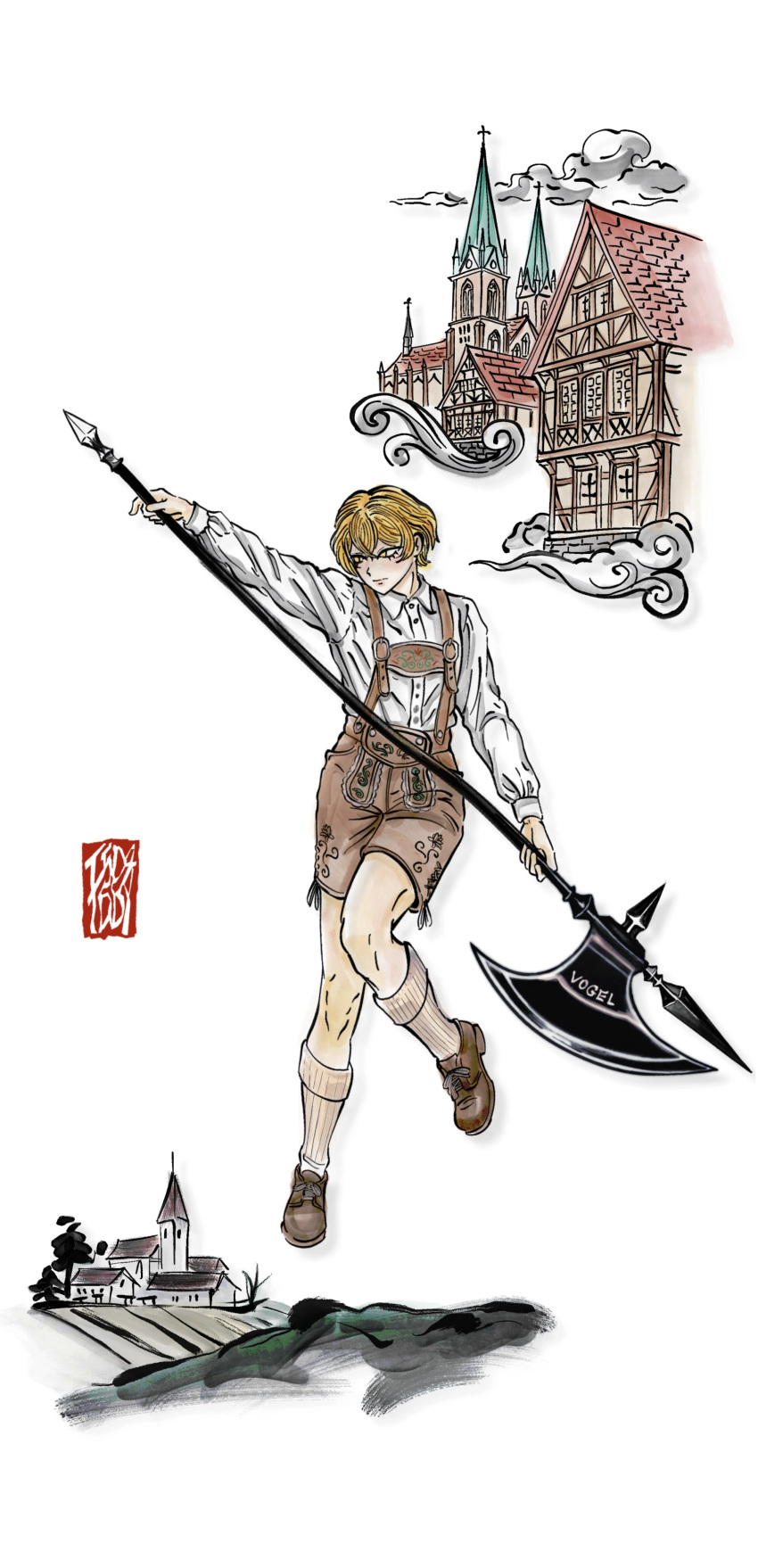1boy, absurdres, blonde_hair, collared_shirt, commentary_request, f5d4ddy, full_body, german_clothes