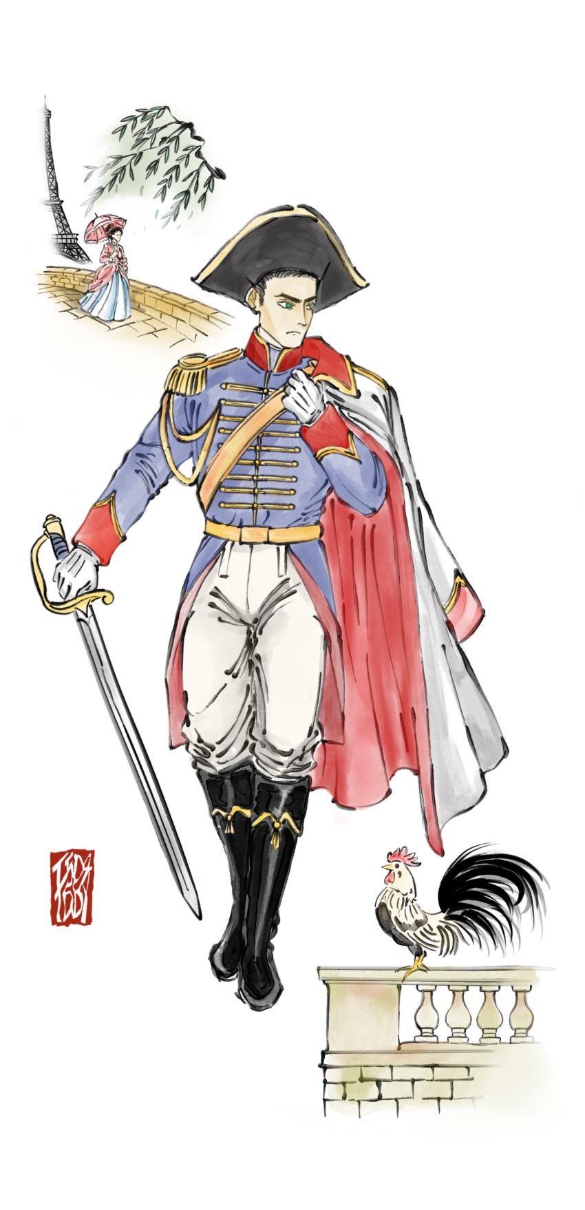 1boy, 1girl, absurdres, alternate_costume, bicorne, bird, black_boots, black_hat