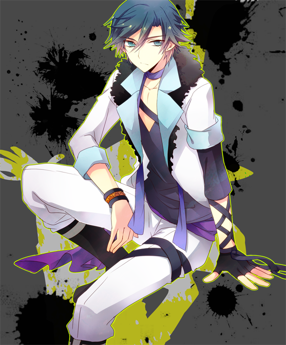 blue_hair, fingerless_gloves, gloves, ichinose_tokiya, inkblot, male, ponjiritsu, rittu, short_hair, sitting, solo, uta_no_prince-sama