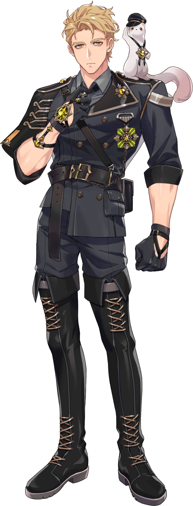 1boy, adjusting_clothes, adjusting_necktie, animal, animal_on_shoulder, bags_under_eyes, belt, belt_buckle, black_belt, black_boots, black_gloves, black_hat, blonde_hair, boots, bracelet, buckle, chinese_text, commentary_request, copyright_name, ermine, ferret, forehead, full_body, gem, gloves, hair_between_eyes, hat, highres, infinity_alpha_studio, jewelry, long_sleeves, looking_at_viewer, male_focus, military_hat, military_uniform, multiple_boys, muscular, muscular_male, necktie, nu_carnival, official_alternate_costume, official_art, orange_eyes, peaked_cap, quincy_(nu_carnival), quincy_(smoked_timber)_(nu_carnival), salute, short_hair, simple_background, solo, standing, tachi-e, taut_clothes, thigh_boots, tight_clothes, topper_(nu_carnival), translation_request, v-taper, weasel, yellow_gem