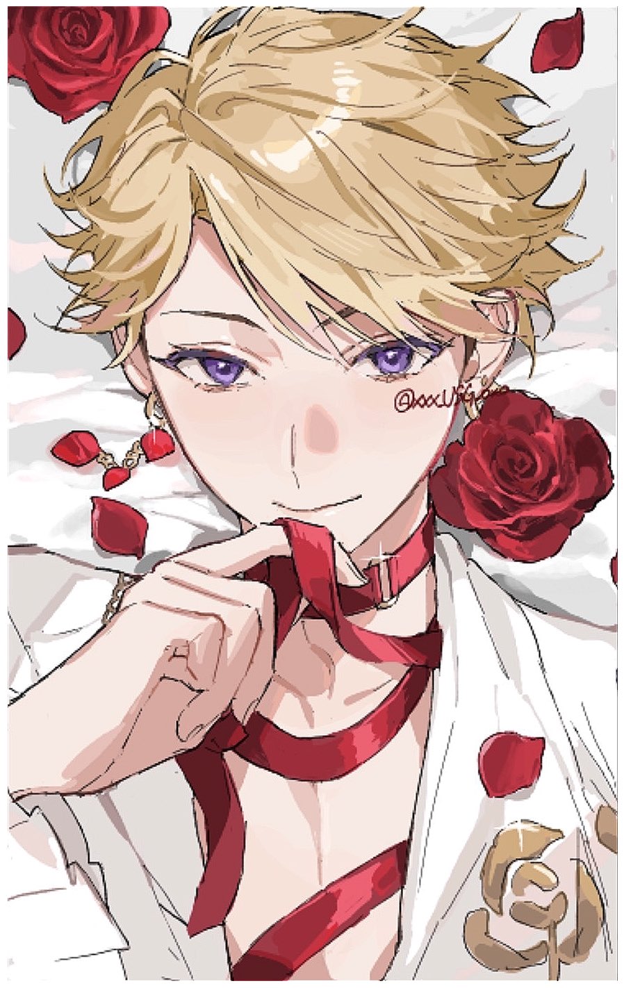 1boy, blonde_hair, border, commentary_request, curtained_hair, earrings, ensemble_stars!, floral_print
