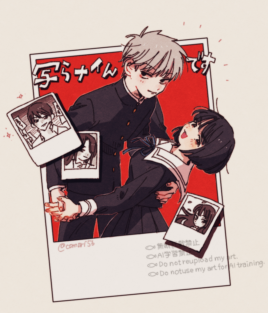 2boys, 3girls, black_hair, black_pants, black_skirt, blush, character_request, commentary_request