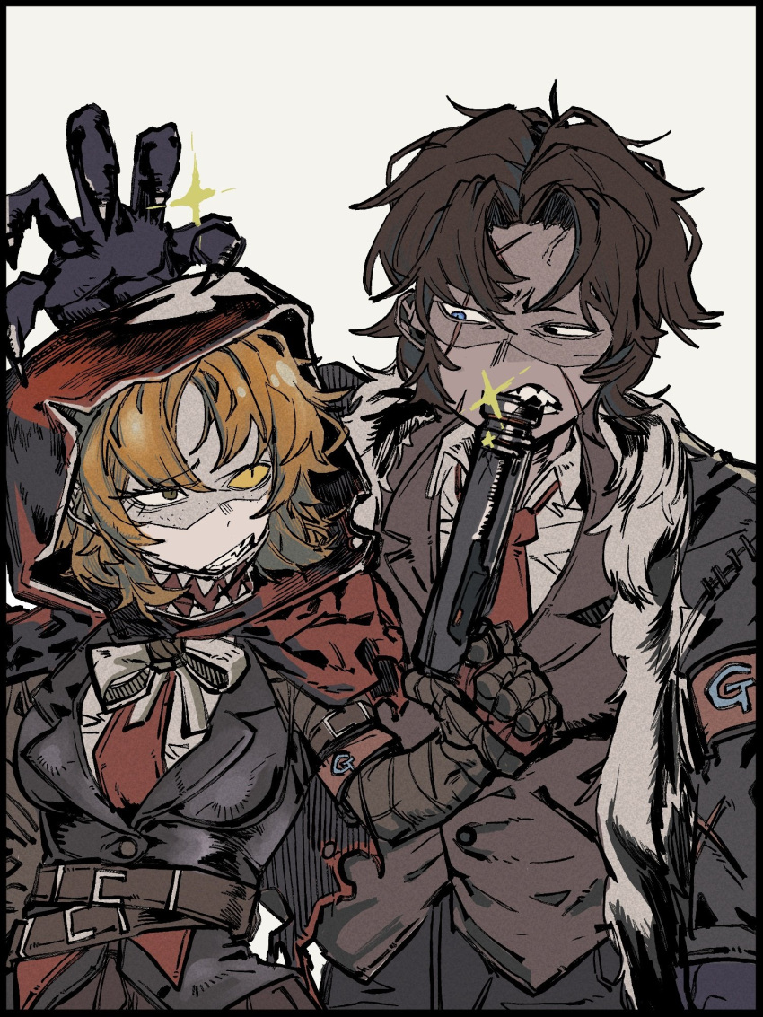 1boy, 1girl, at_gunpoint, bandages, big_and_will_be_bad_wolf, blue_eyes, brown_hair, cape, claws, detap, e.g.o_(project_moon), finger_on_trigger, gloves, gun, heathcliff_(project_moon), highres, holding, holding_gun, holding_weapon, hood, hood_up, hooded_cape, ishmael_(project_moon), limbus_company, little_red_riding_hooded_mercenary, lobotomy_corporation, looking_at_another, necktie, orange_eyes, orange_hair, project_moon, red_cape, red_necktie, scar, scar_on_face, sharp_teeth, shirt, short_hair, simple_background, teeth, vest, weapon, white_background