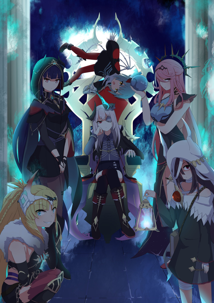 6+girls, absurdres, asymmetrical_horns, black_hair, blonde_hair, blue_eyes, bungo_yayoi, catflish