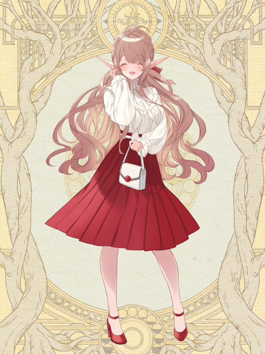 1girl, :d, bag, blush, bow, braid, brown_hair, closed_eyes