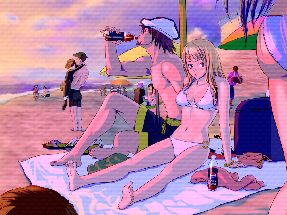beach, bikini, bottle, cabbie_hat, company_connection, creator_connection, crossover, feet
