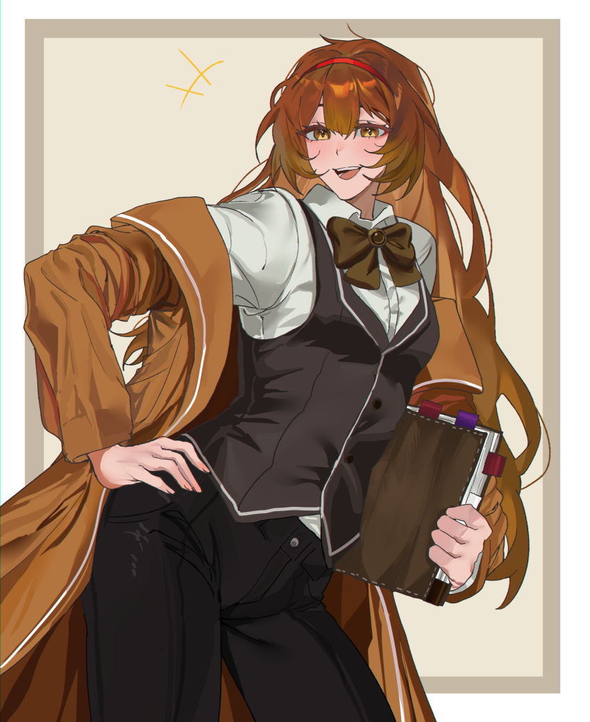 1girl, absurdres, autisticheath, book, bow, bowtie, brown_bow, brown_bowtie