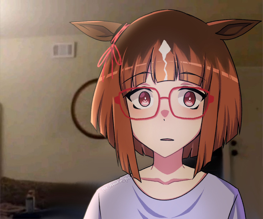 1girl, animal_ears, brown_hair, commentary, ear_ribbon, ears_down, english_commentary, highres