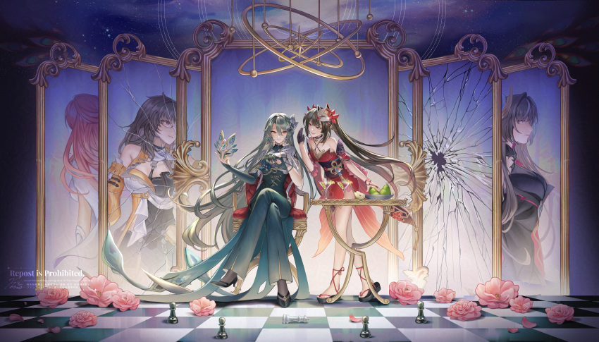 absurdres, black_bodysuit, black_shoes, bodysuit, brown_hair, chair, checkered_floor, chess_piece, cocktail_glass, commentary, cup, dress, drinking_glass, english_commentary, female_dreamseeker_(honkai_impact), flower, food, fox_mask, fruit, full_body, grey_hair, halter_dress, halterneck, highres, holding, holding_mask, honkai:_star_rail, honkai_(series), honkai_impact_3rd, kokotuo, leylah_(honkai_impact), long_hair, mask, mask_on_head, on_chair, pawn_(chess), pear, pink_flower, red_dress, red_eyes, senadina, senadina_(cocoon_of_unwoven), shoes, sitting, sparkle_(honkai:_star_rail), table, twintails, very_long_hair, vita_(honkai_impact)