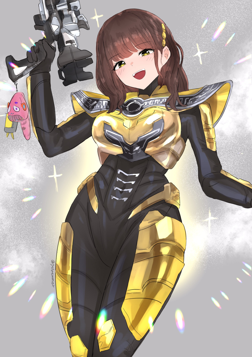 1girl, absurdres, armor, black_bodysuit, black_eyes, bodysuit, breasts, brown_hair