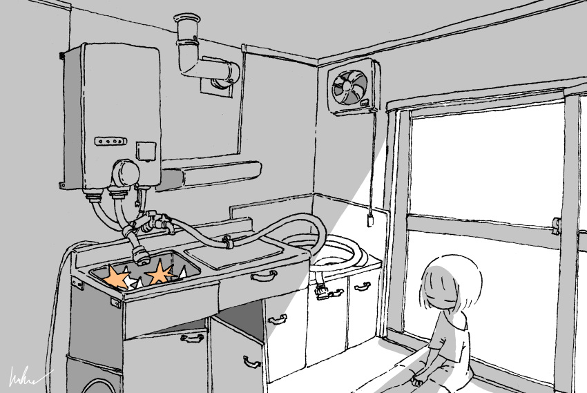 1girl, absurdres, closed_eyes, greyscale, highres, hose, indoors, kaduise