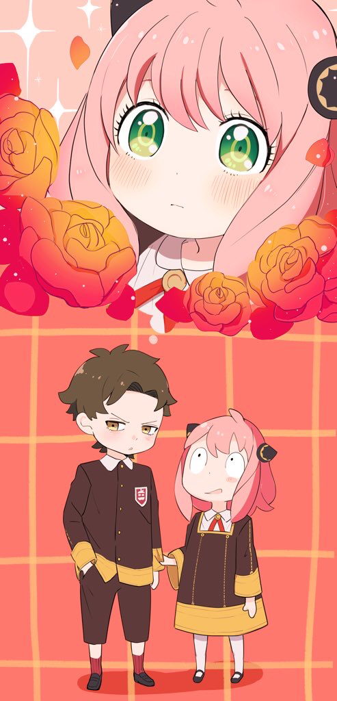1boy, 1girl, :s, ahoge, antenna_hair, anya_(spy_x_family), averting_eyes, badge