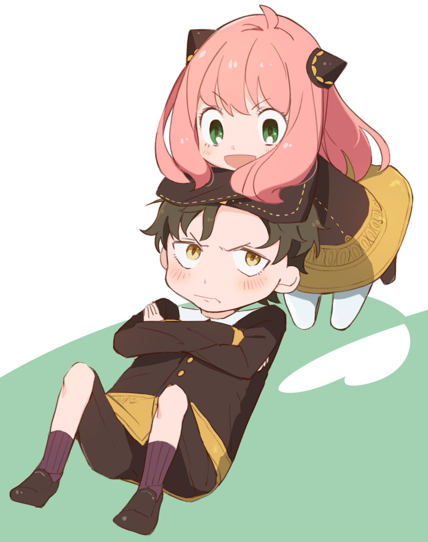 1boy, 1girl, anya_(spy_x_family), arm_rest, arms_on_head, asymmetrical_bangs, belt, black_shoes