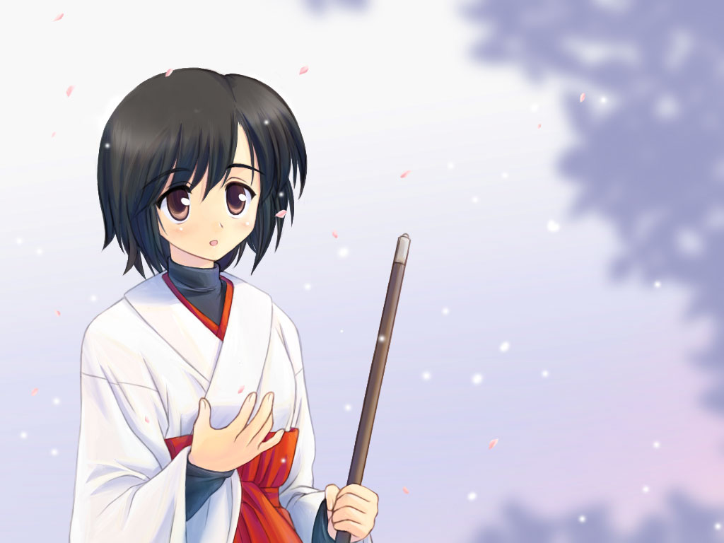 1girl, black_hair, black_shirt, broom, brown_eyes, cherry_blossoms, falling_petals, hakama