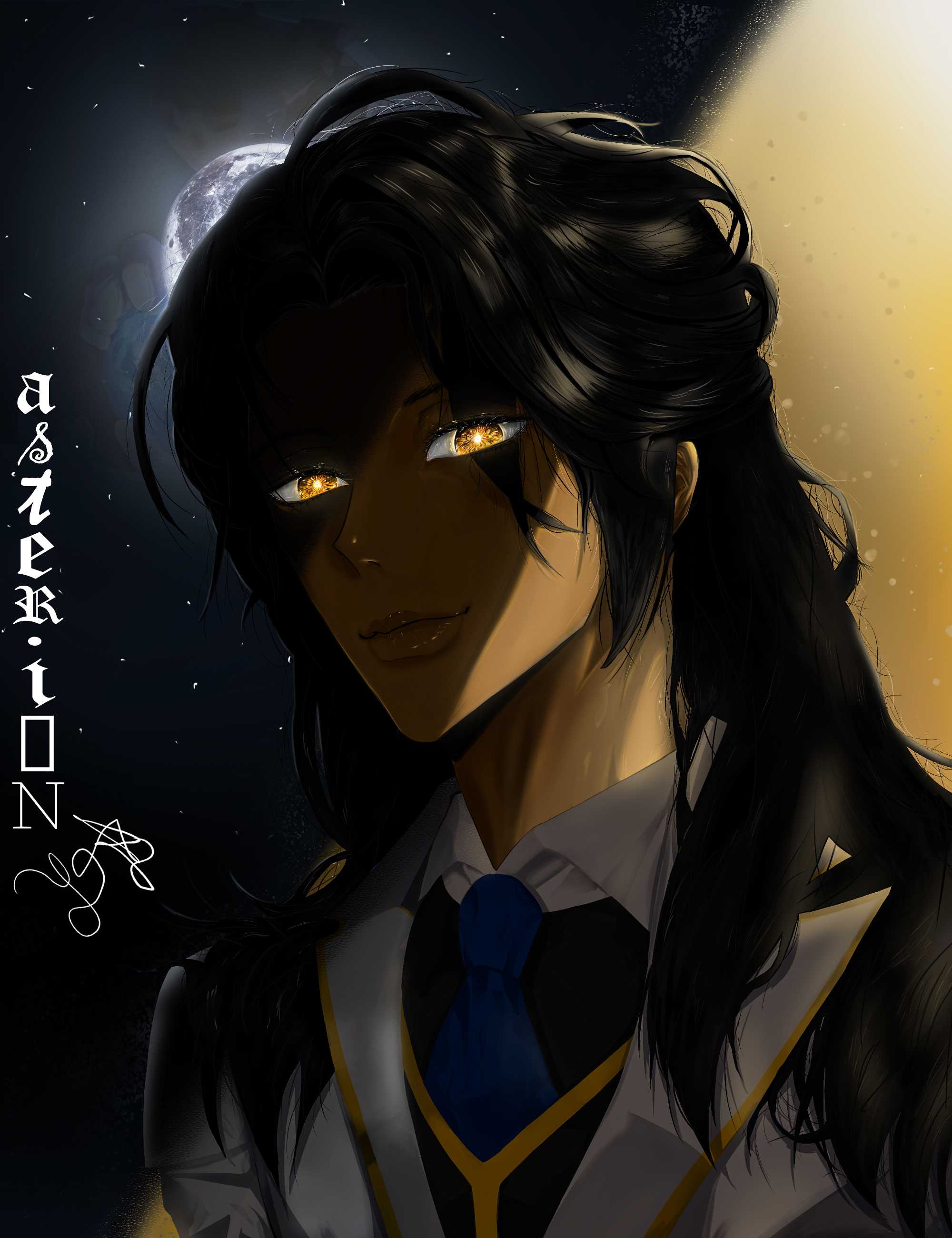 1boy, absurdres, asterion_(shadow_slave), black_hair, blue_necktie, collared_shirt, dark-skinned_male, dark_skin, glowing, glowing_eyes, hair_over_shoulder, highres, jacket, light_rays, long_hair, lun5rtic, male_focus, necktie, night, shadow_slave, shirt, sidelocks, smile, solo, vest, white_jacket, white_shirt, yellow_eyes