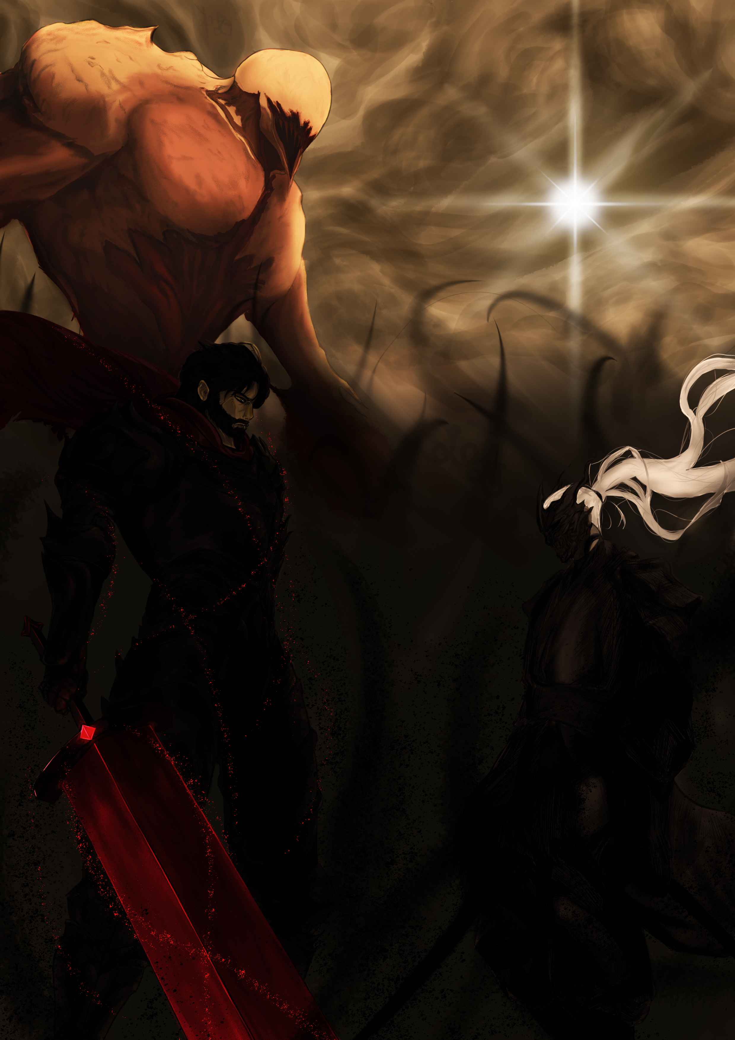 2boys, absurdres, anvil_(shadow_slave), armor, beard, black_hair, black_robe, black_tunic