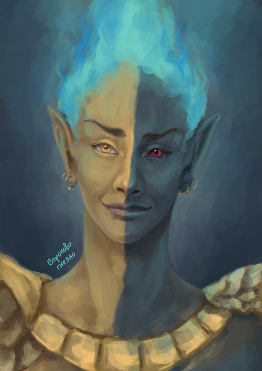 1boy, bald, colored_skin, commentary, dunmer, earrings, energy, english_commentary