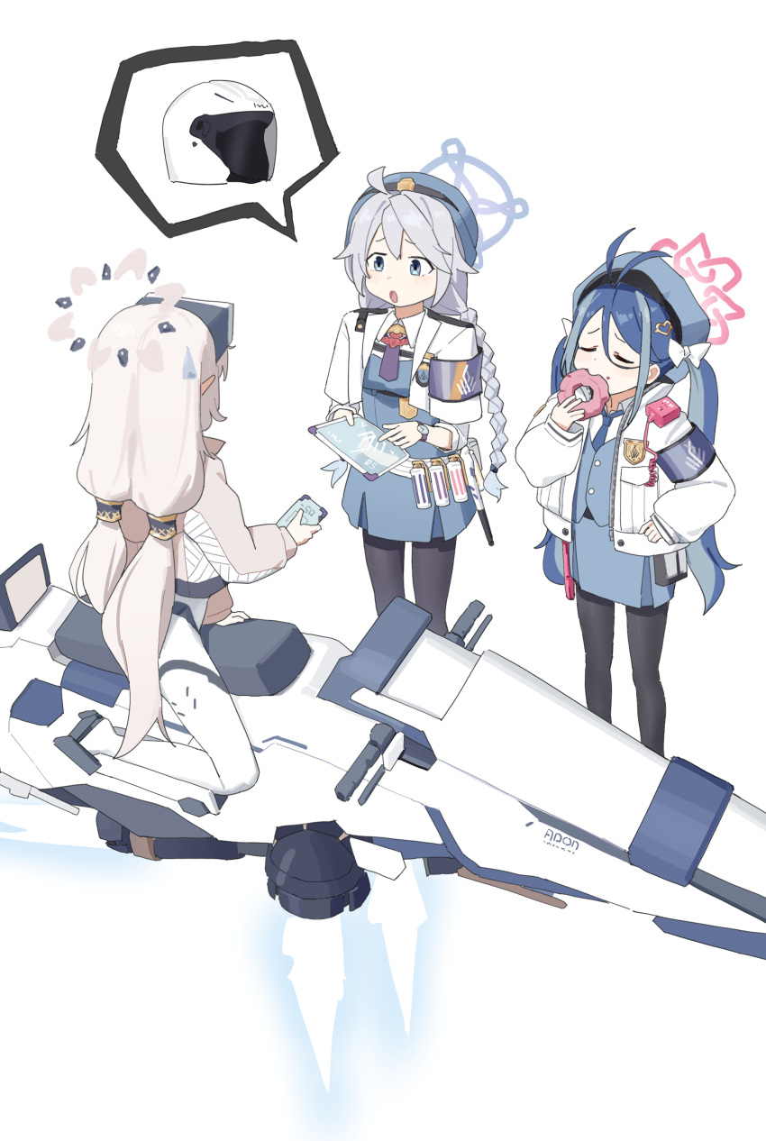 3girls, absurdres, adon_(dufaladanidu), antenna_hair, arisugawa_himari, armband, blue_archive, blue_hair