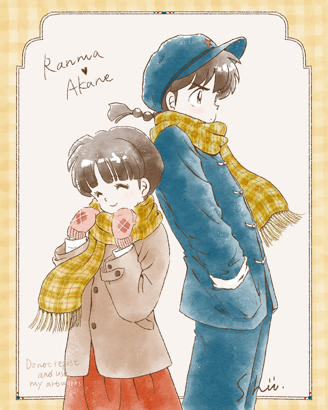 1boy, 1girl, ^_^, border, braid, brown_coat, brown_hair, character_name