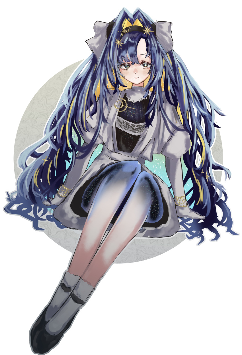 1girl, absurdres, black_hairband, black_shoes, blonde_hair, blue_eyes, blue_hair, chksangyo